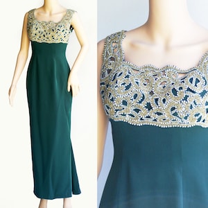 Vintage Emerald Green/Gold 100% Silk Evening gown US Size Small