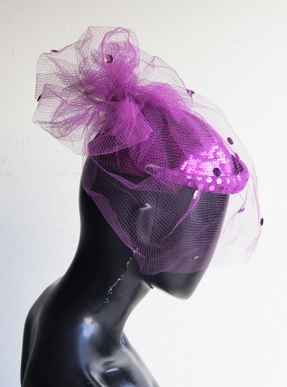 Vintage 80s  Gorgeous Sequin Magenta Fascinator H… - image 7