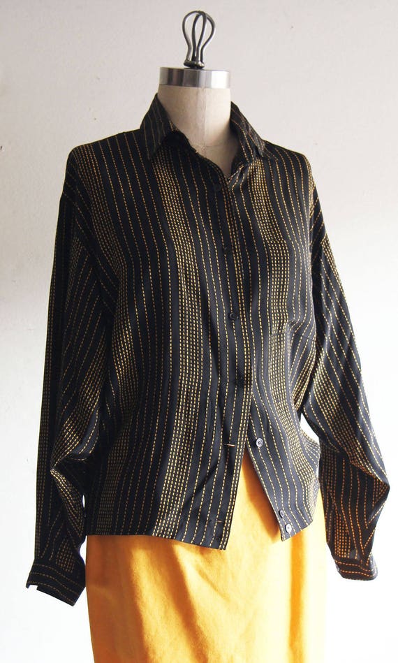 Vintage 90s  Black striped Simoa  Silk Blouse Siz… - image 2