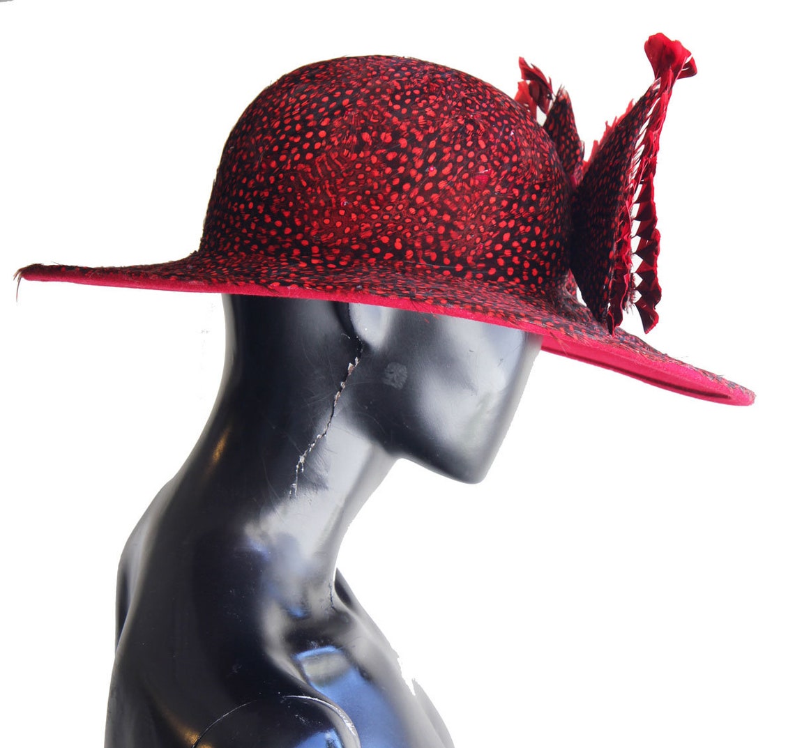 Vintage Jack McConnell Red Sculptural Hat – Signature Red Feather, Gold & Pearl Trim