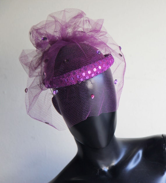 Vintage 80s  Gorgeous Sequin Magenta Fascinator H… - image 3