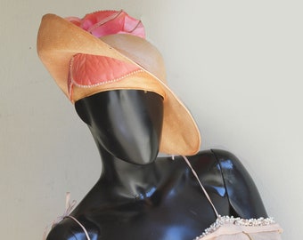 Vintage Rare One of a Kind  "styled By Jack McConnell Red Feather"  Peach Straw with Pink Petal-Like  crown and Rhinestone Hat  One Size