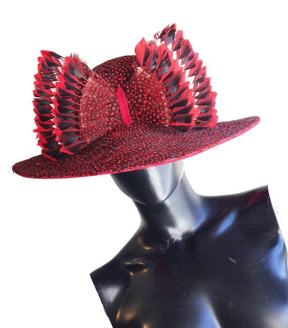 Rare Jack Mcconnell Vintage Exotic Red & Black Feather Hat  display picture 1