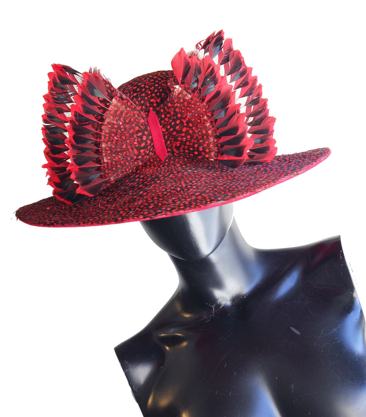 Rare Jack Mcconnell Vintage Exotic Red & Black Feather Hat  display picture 2