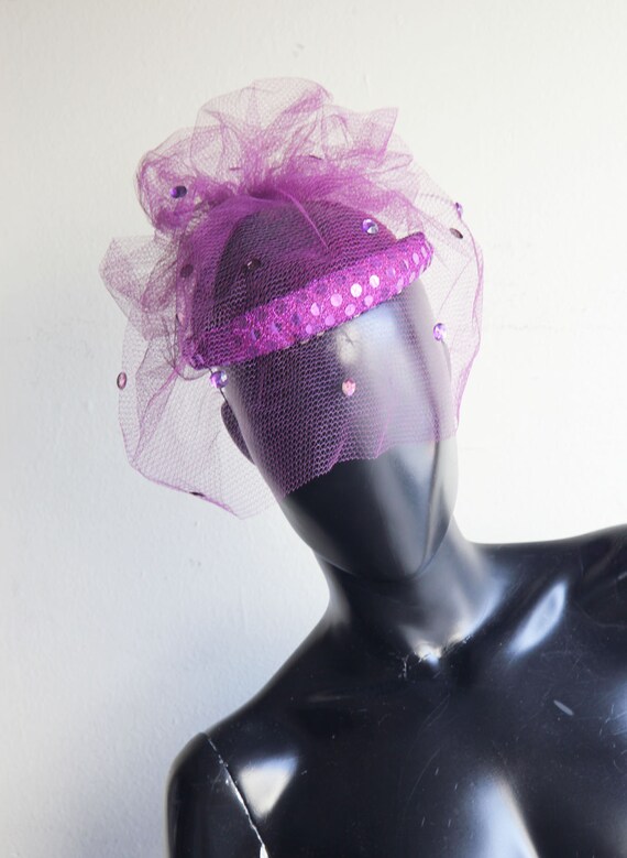 Vintage 80s  Gorgeous Sequin Magenta Fascinator H… - image 2