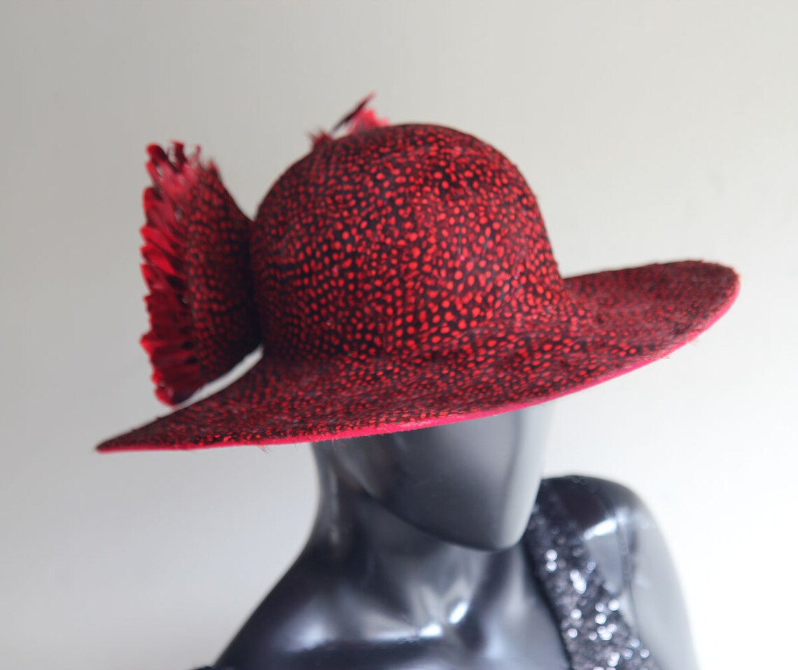 Vintage Jack McConnell Red Sculptural Hat – Signature Red Feather, Gold & Pearl Trim main image 1