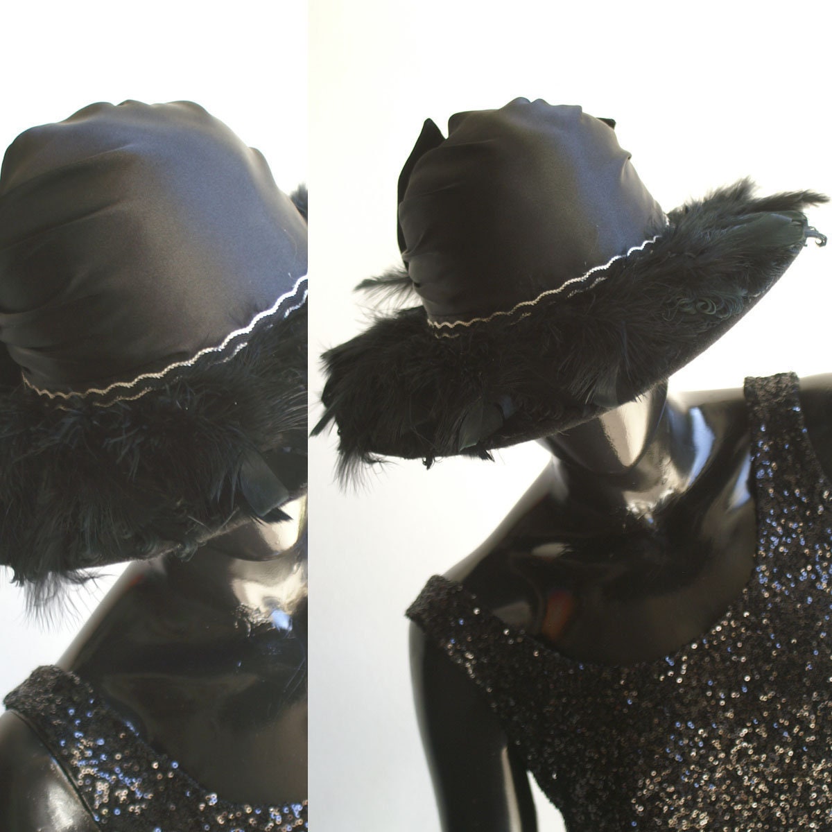 Vintage Whittall & Shon Black Felt Wool Hat W/ Feather Brim 