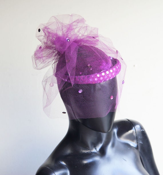 Vintage 80s  Gorgeous Sequin Magenta Fascinator H… - image 8