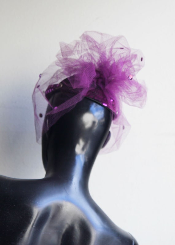 Vintage 80s  Gorgeous Sequin Magenta Fascinator H… - image 5