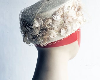 Vintage Champagne Floral Pillbox Hat US Size OS