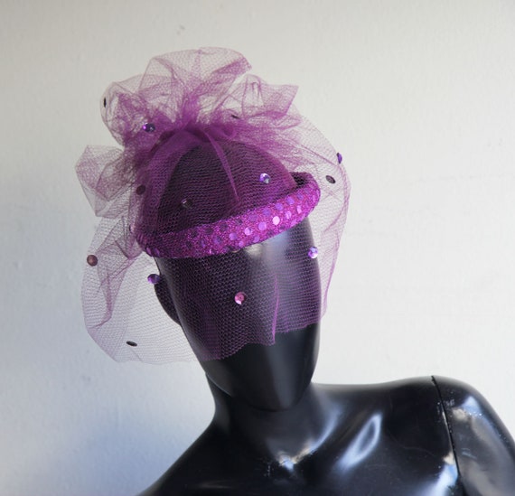 Vintage 80s  Gorgeous Sequin Magenta Fascinator H… - image 10