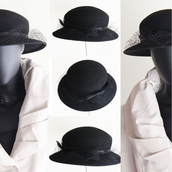 Vintage Edwardian Wool Felt Hat Black Doeskin BOLLMAN Feathers Church 50s USA Bollman Doeskin Hat Black Ribbon Detail Mid Century Vintage  main image 2