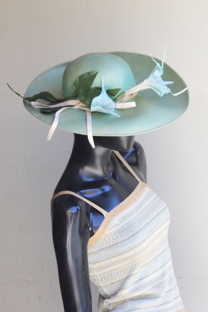 Vintage Irene of New York Mint Green Straw Hat with Floral Embellishments US One Size