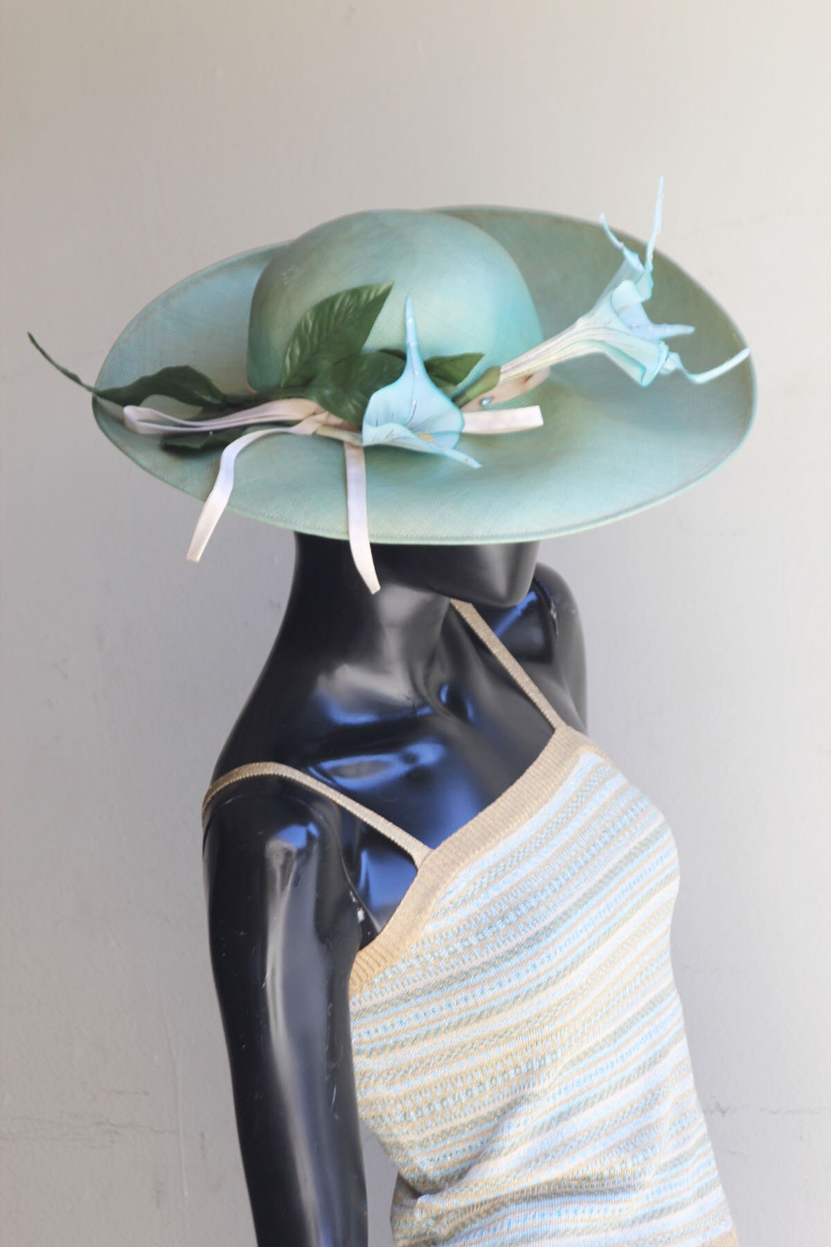 Vintage Irene of New York Mint Green Straw Hat With Floral 