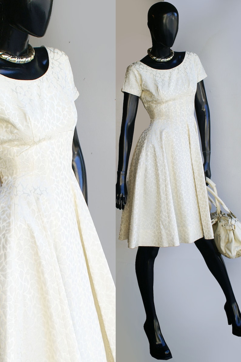 Vintage 50s Pale Yellow Satin Brocade Flared Dress With Matching Belt ...