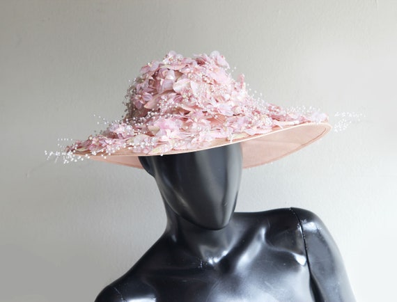 Vintage  Jack McConnell Red Feather  One-of-a-Kind original iridescent Pink Floral Hat  US One size