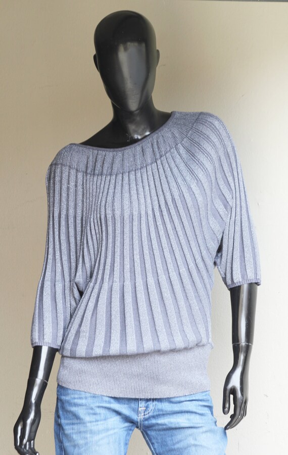 80s Vintage Gray Metallic Knit Top ,Dolman Short … - image 9