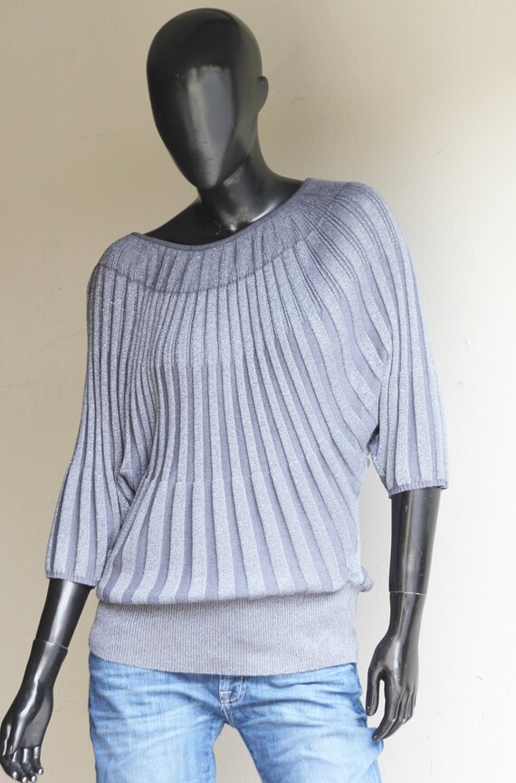 80s Vintage Gray Metallic Knit Top ,Dolman Short … - image 3
