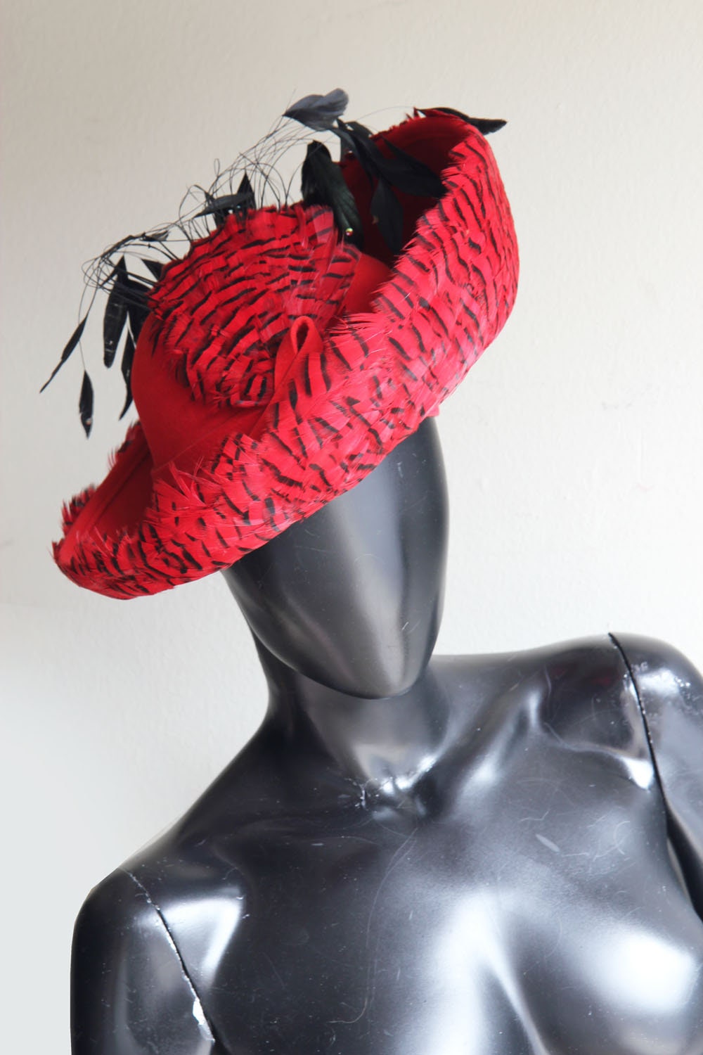 Pheasant Feather Homburg Style Hat Styled by Jack McConnell Red Feather Vintage Pheasant Feather Homburg Style Hat Styled by Jack  main image 3