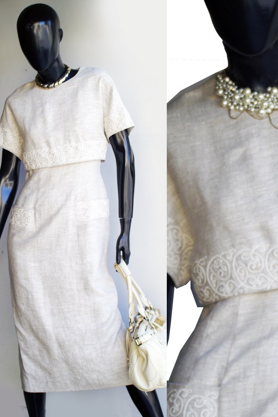 Vintage Marie St. Claire Embroidered Midi Sheath … - image 1