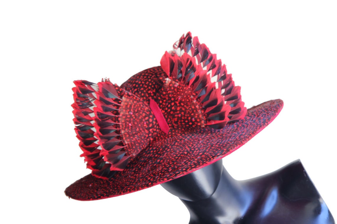 Vintage Jack McConnell Red Sculptural Hat – Signature Red Feather, Gold & Pearl Trim main image 0