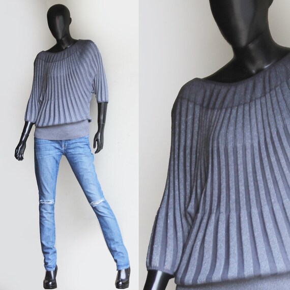 80s Vintage Gray Metallic Knit Top ,Dolman Short … - image 2