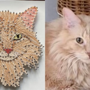 May include: A string art portrait of a cat with a light brown and white fur pattern. The cat's eyes are green and the nose is red. The string art is made with nails and yarn.