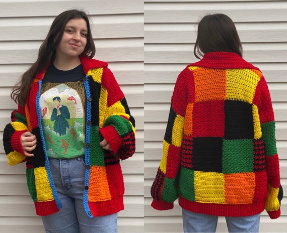 Iconic Oversized Patch-work Sweater Handmade Unisex Cardigan With