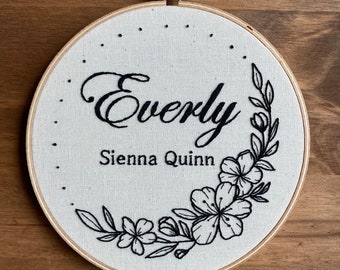 Personalized Name Floral Embroidery 6inch Hand Embroidered Wall Hanging Nursery/Office/Bedroom Decor Hand Sewn Hoop Embroidery Custom Art