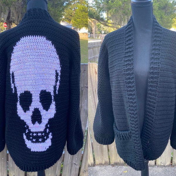 Crochet Skull Cardigan Handmade Unisex Finished Sweater with pockets