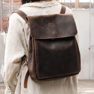 Leather backpack, travel mens womens rucksack bag unisex school bag, vintage crazy horse waxed leather laptop satchel simple back purse 47 image 1