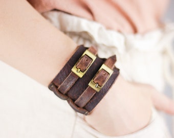 Vintage leaher bracelet, Double strap leather cuff, adjustable bracelet, brown genune leather, unisex leather wrap, handmade wristband