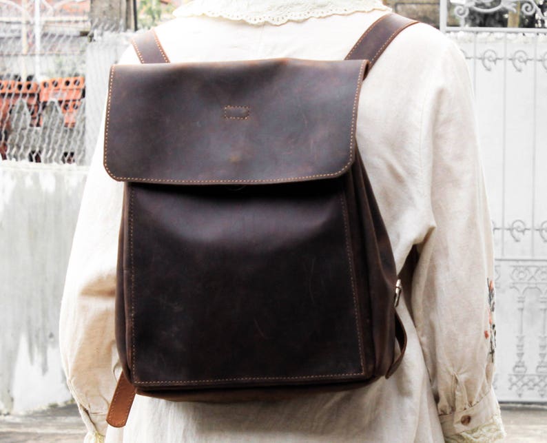 Leather backpack, travel mens womens rucksack bag unisex school bag, vintage crazy horse waxed leather laptop satchel simple back purse 47 image 10