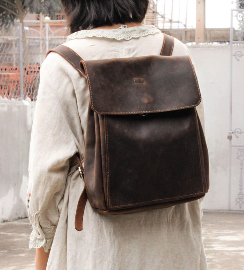 Leather backpack, travel mens womens rucksack bag unisex school bag, vintage crazy horse waxed leather laptop satchel simple back purse 47 image 1