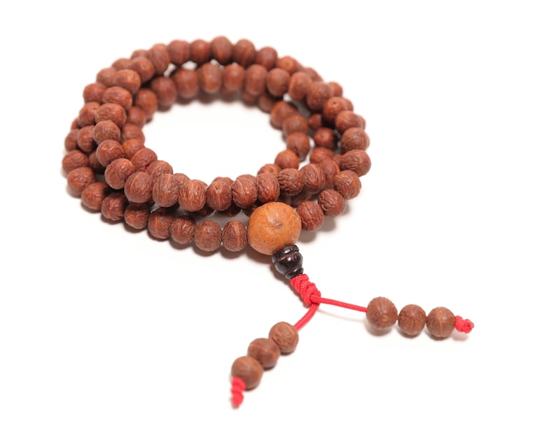 May include: A strand of brown, textured, spherical wooden beads arranged in a circular loop. A larger, lighter-colored bead is positioned near the bottom, followed by a dark brown bead, red cord, and two dangling ends with three small beads each.