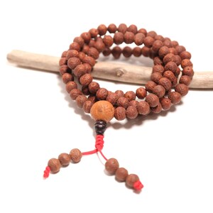 May include: A prayer bead necklace featuring numerous small, round, textured brown wooden beads arranged in a circular loop. A larger, lighter brown bead is positioned at the bottom, followed by a dark bead and red cord ends with additional beads.