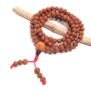 May include: A mala necklace featuring numerous small, round, textured brown beads strung together. A larger, smooth, light brown bead sits at the center, followed by a dark brown bead and a bright red cord ending in two strands with additional beads.