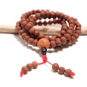 May include: A strand of brown, textured, spherical wooden beads arranged in a circular loop. A larger, lighter-colored, smooth, round bead sits at the center, followed by a small dark bead and two red cords ending in three smaller brown beads each.