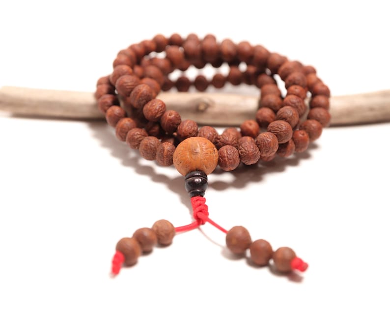 May include: A strand of brown, textured, spherical wooden beads arranged in a circular loop. A larger, lighter-colored, smooth, round bead sits at the center, followed by a small dark bead and two red cords ending in three smaller brown beads each.