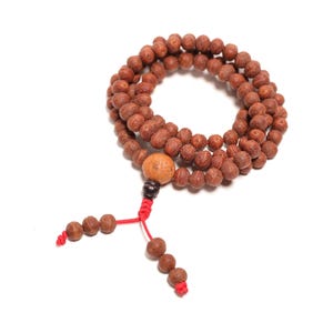 May include: A prayer bead necklace featuring numerous small, textured brown seeds arranged in a circular loop. A larger, smooth tan bead sits at the base, connected to two dangling red cords, each finished with a few additional brown seed beads.