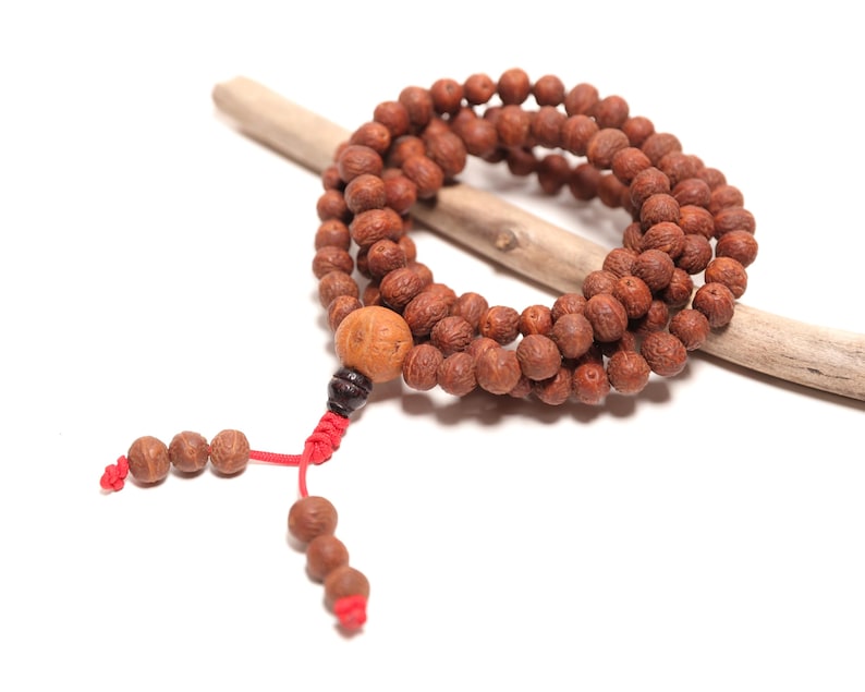 May include: A strand of brown, textured, spherical wooden beads arranged in a circular loop. The beads are strung on a red cord, featuring a larger, lighter-colored bead at the base, followed by a dark bead and two dangling ends with smaller beads.