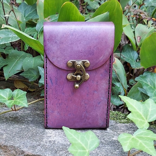 Premium Leather Tarot Card Case in Violet Cosmos.  Handmade distressed natural marks leather tarot deck box in purple and black. Unique case