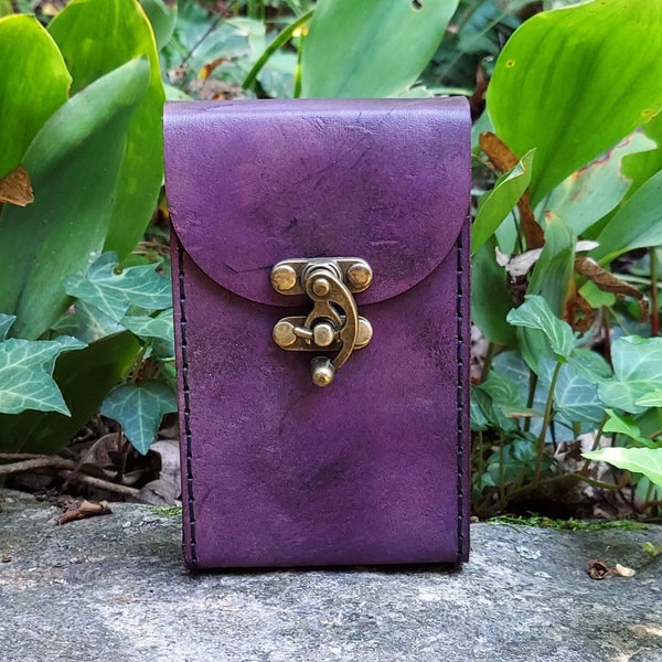 Premium Leather Tarot Card Case in Violet Cosmos.  Handmade distressed natural marks leather tarot deck box in purple and black. Unique case