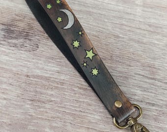 Vintage Distressed  Look Hand-Painted Leather Wrist Strap, Moon Stars Celestial Keychain, Wallet or Clutch Strap Replacement