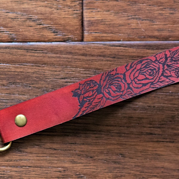 Red Leather Roses Lanyard.  Red Leather Lanyard with roses for key fobs, etc. Long keychain. Antique Brass Hardware
