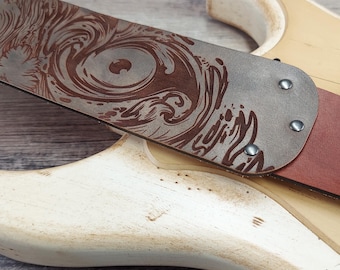 Trippy Forest Fungi Handmade Psychedelic Guitar Strap – Woodland Floor Plants, Fungi & Eye Art Botanical Engraving on Full Grain Leather