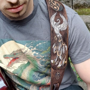 Premium Leather Phoenix & Dragon Guitar Strap, Hand Painted in white and metallic gold - thick leather, adjustable sizing for custom height.