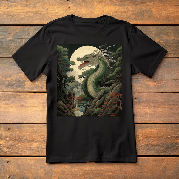 Forest Dragon under a Full Moon T-shirt.  Japanese Dragon moves through the forest under the light of a full moon.  Fierce yet intriguing.