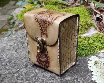 Dragons and Dragon Skin etched Game Card Deck Box, XL Premium leather deck case. Plenty room for sleeved cards, dice, counters. Hand made.