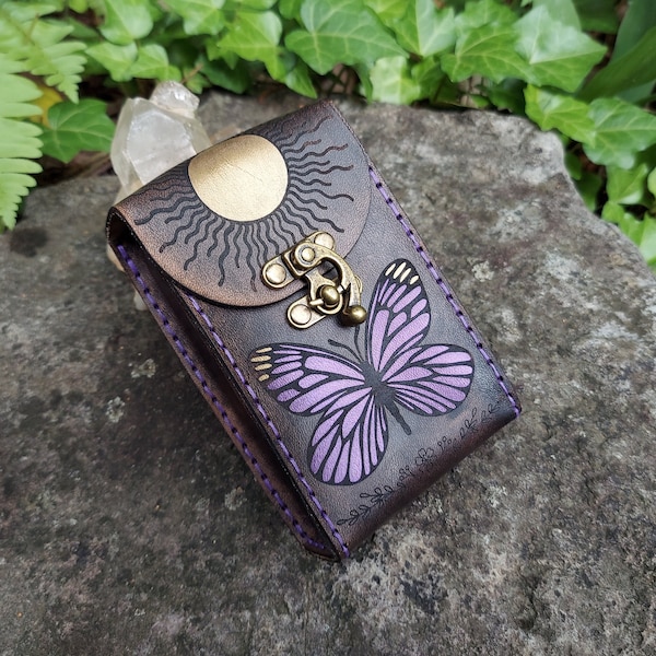 Butterflies and The Sun on Handmade Premium Leather Tarot Card Case with Hand Painted Artwork in Antique Black.  Gift for Tarot Reader.